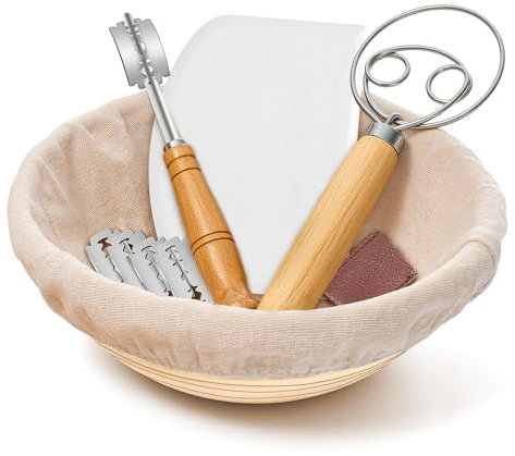 Joyfair Bread Proofing Basket, 10-Inch Round Natural Rattan Sourdough Proving Basket, Sourdough Starter Kit with Dough Whisk/Bread Lame/Dough Scraper/Linen Liner for Professional and Home Bakers