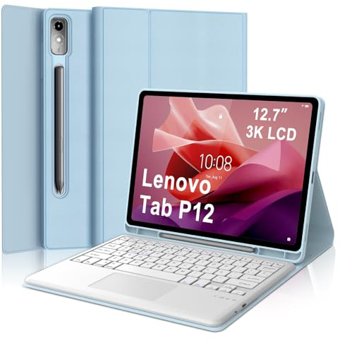 IVEOPPE Funda Teclado para Lenovo Tab P12 12.7 Pulgadas 2023 TB-370FU | Capa Keyboard Touchpad QWERTY Español Ñ, Bluetooth Magnético Desmontable Recargable Teclado con Portalápices, Azul claro