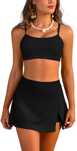 SHEKINI Damen Sportive Bikini Set High Waisted Zweiteilige Badeanzüge mit Rock Bottom (Medium,Schwarz)