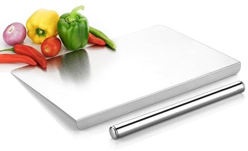 Stainless Steel Counter Top Chopping Board with Rolling Pin | Kneading Board for Chopping with Lip Bend | Vegetable,Fish,Cutter Board (42 x 32 CM)