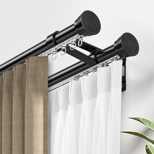 Bastone per tende doppio con binario, per montaggio a parete, in metallo, per tende e tende, aste e guide regolabili con tappo terminale (nero, 110 cm)