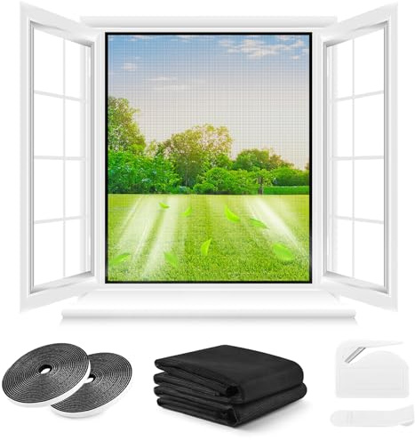 Fliegengitter Fenster ohne Bohren,DIY 210x250cm,2 Stück,Kann auf die Gewünschte Größe Zugeschnitten werden,Verdicktes Netz,Insektenschutz Fenster mit Klettband+Zuschneider+Presshilfe,Schwarz