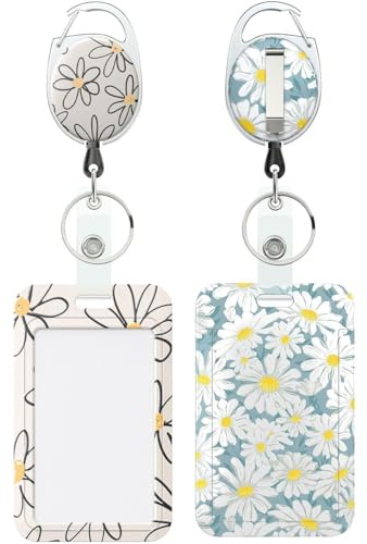 Uniclife 2-pack blomma glidande ID-fodral vertikal tusensköna blomma plastkortfodral med infällbar ID-kortsrulle och karbinhake för kontor, skola, kvinnor, lärare, studenter