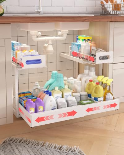 Ornesita 2 Tier Metal Under Sink Storage Organiser for Kitchen(White) | 2 in 1,Adjustable,Pull Out,Expandable,Kitchen Cabinet Organiser With Slide Out Drawers for Under Cupboard Storage