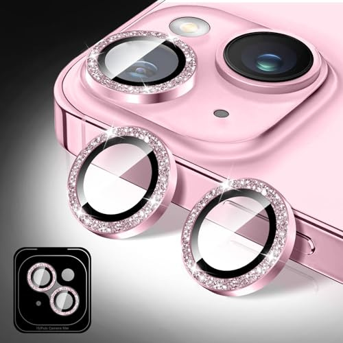 Kucheed Bling Camera Lens Protector Compatible for iPhone 13/13 Mini, Glitter Tempered Glass Camera Cover Film Stickers, Sparkling Automatic Alignment Individual Metal Rings Phone Accessories