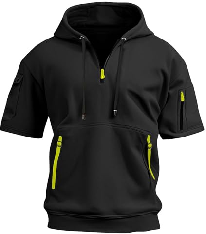 Fccrian Felpe con cappuccio a maniche corte da uomo con zip a quarto magliette da palestra allenamento atletico lavoro camicie grandi e alte con tasca camicie estive da uomo marrone chiaro
