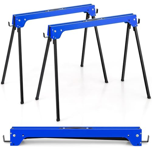 TANGZON Folding Saw Horses Twin Pack, 2PCS Heavy Duty Workbench Metal Trestle Stands with Anti-Slip Top & Handle, Portable Sawhorses Pair, Each Sawhorse Supports Up to 227KG (Blue)