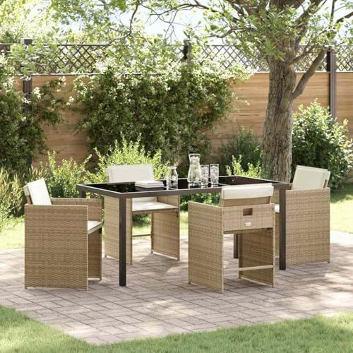 Ziaphsol Garten Essgruppe 5-teilig, Beige Poly-Rattan, Modernes Loungeset für Terrasse, Balkon, Outdoor-Möbel, UV-beständig, 4 Sitzplätze