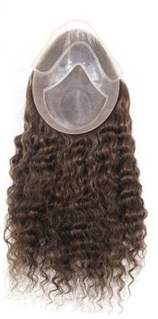 Perücke Herren-Toupet mit Lace-Front aus lockigem Echthaar, Mono-Spitze, PU-Ansatz, Farbe 4, Mittelbraun(14 inches)