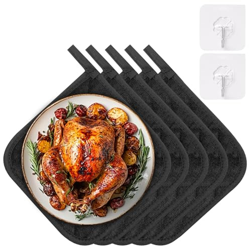VEGCOO 5 Pezzi Presine da Cucina in Cotone, 20x20 cm Presine da Forno con Gancio per Appendere, Resistenti al Calore, Lavabile In Lavatrice