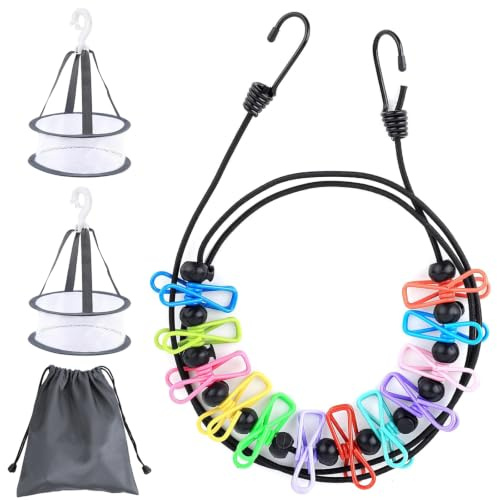 YUZHEDM Tendedero de camping con cesta seca y mochila con 12 pinzas y 13 unidades de posicionamiento para viajes, vacaciones, exteriores, camping, dormitorio, exterior, balcón, camping al aire libre