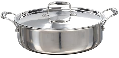 Buckingham Elite Tri-Ply 18/8 Stainless Steel Sauteuse Pan with Lid Induction Fully Clad Stainless Steel Pan Stay Cool Handle Ensures Fast Even Heating 28 cm 4.8 litres