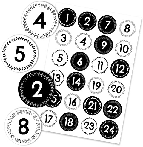 Papierdrachen 24 pegatinas de Navidad para el calendario de Adviento - Blanco y negro nº 41 - Pegatinas de 4 cm - para manualidades y decoración