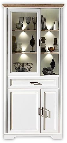 JASMIN Große Vitrine in Pinie hell, Artisan Eiche Optik - Vitrinenschrank mit LED-Beleuchtung und viel Stauraum im Landhausstil - 93 x 204 x 42 cm (B/H/T) | Vitrinenschrank im Landhausstil für das Wohnzimmer mit LED-Beleuchtung, Glasvitrine, 3 Türen und 1 Schublade