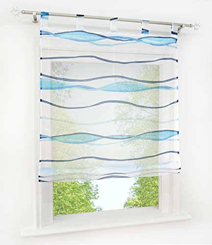 Voile Raffrollo mit Wellen Druck Design Rollos Schlaufen Transparent Vorhang (BxH 140x140cm, Bunt Blau mit Schlaufen)