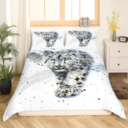 Loussiesd Leopard Bettbezug Set Aquarell Tierdruck Bettwäsche Set 135x200cm für Jungen 3D Schneeleopard Muster Betten Set Tier Thema Schlafzimmer 2St