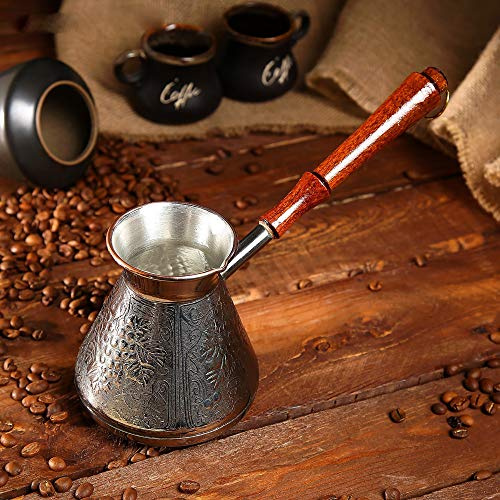 Cafetière Turka en cuivre de 600 ml – Cafetière turque Cezve en cuivre – Ornement de raisins gravés Ibrik – Mini casserole avec bec verseur et poignée en bois