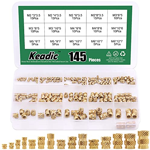 Keadic 145 piezas M2 M3 M4 M5 M6 Rosca Latón Moleteado Tuercas Surtido de Tuercas Roscadas Hembra, Conjunto de Calor Moleteado Roscado para Impresión Impresora 3D y Más Proyectos