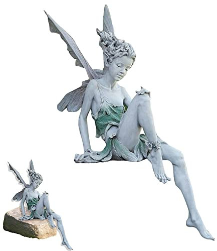 Fata Seduta - Statua Ornamento da Giardino in Resina, Grigio 22cm - Scultura Decorativa per Esterni, Interni e Cortili