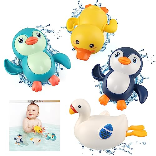 BelleStyle Baby Bath Toys, Wind Up Bathtub Toys Paddling Pool Toys Swimming Floating Duck Penguin Swan Clockwork Water Toys for Kids Toddlers Boys Girls 4 Pieces