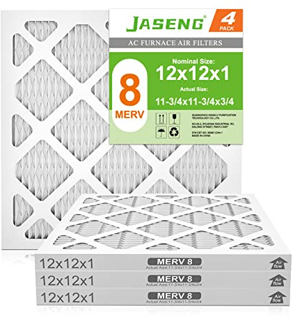 12x12x1 AC Furnace Air Filters, MERV 8 Dust Defense, JASENG MPR 600 Pleated HVAC Replacement Air Filter 4-Pack (exact dimensions: 11 3/4x11 3/4x3/4)