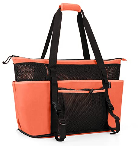 Fasrom Extra Große Netz Strandtasche mit Reißverschluss Unten, Orange | Reißverschluss Unten, Frontschnallen für Handtücher, Nass/Trenn Tasche, 6 Außentaschen, Kordeltasche, Familien Strandtasche