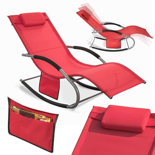 SoBuy Sonnenliege Gartenliege wetterfest Liegestuhl Schaukelstuhl mit Kopfkissen Relaxliege Schaukelliege Strandliege Outdoor Terrasse Balkon Camping bis 150 kg Rot Gartenmöbel OGS28-R