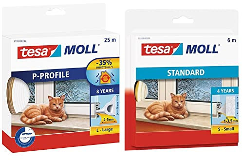 tesa moll P-Profile & moll STANDARD I-Profil - Schaumstoffdichtung zum Isolieren von Spalten im Haushalt, selbstklebend - Weiß - 6 m x 9 mm x 4 mm