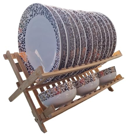 electromax Bamboo Plate Organizer Rack, Wooden Dish Drying Holders For Cabinet, 20 Slots Kitchen Plate Drainer Storage Stand for Bowls, Coasters, Cups, Cutting Board, Food Container Lids