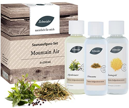 Saunabedarf Schneider - Aufgussset Mountain Air 3 x 250 ml Inhalt - blumig-frischer Saunaaufguss - wohltuender Mix