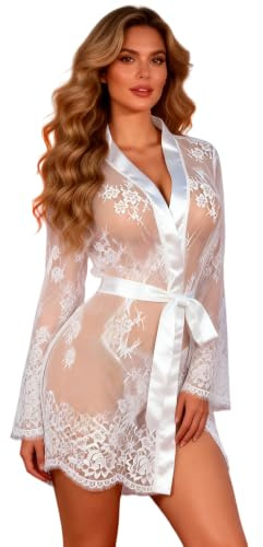 comeondear Nuisettes Sexy Femme Kimono Dentelle avec Ceinture Chemise de Nuit Transparente Babydoll Lingerie Sexy Noir Pyjamas Peignoirs Robe de Chambre Grande Taille avec G-String(Blanc,3XL-4XL)