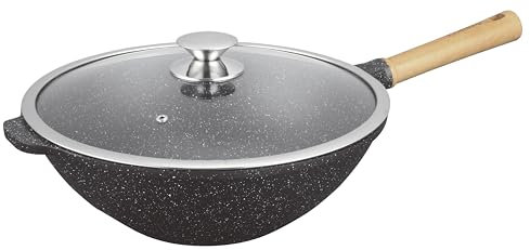 KAMBERG - Wok 32 cm - 5,0 litri - Manico fisso in legno - Ghisa di alluminio - Rivestimento in pietra - Coperchio in vetro - Tutti i fuochi inclusi induzione - Senza PFOA - 0008220