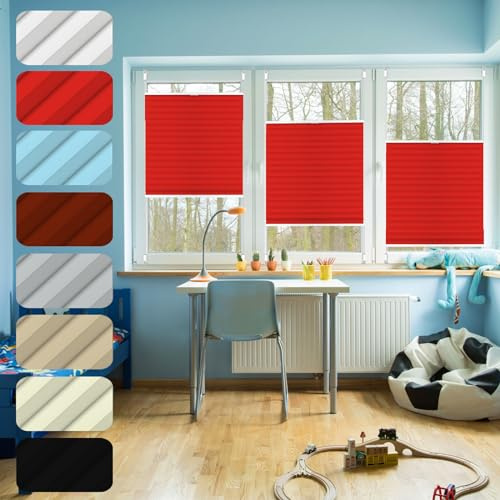 Blinds Store Plissé sur Mesure 90 x 200 cm translucide, Occultant et Isolant, Tissu Polyester, Thermique Volet Roulant Ouverture à Double Sens pour Fenêtres Et Portes, Rouge