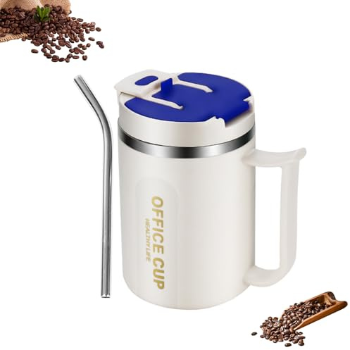 Thermobecher mit Henkel Thermo Kaffeebecher To Go, 500 ml Edelstahl Thermotasse mit Deckel und Strohhalm, Coffee to go Becher, Coffee Mug Thermotasse für Unterwegs Umweltfreundlich (blau)