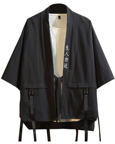 Beokeuioe Kimono Uomo Kimono Camicetta Giappone Samurai Ninja Anime, Maglietta Corta Pigiameria Top Uomo Giappone Happi Haori Giacca per le mezze stagioni Cardiqan Estate, B6 nero, XXXXL