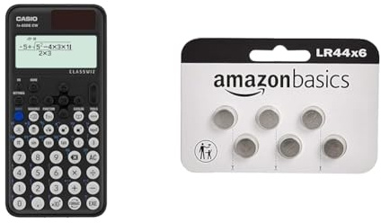Casio FX-85DE CW ClassWiz technisch wissenschaftlicher Rechner & Amazon Basics – LR44 Alkaline-Knopfzelle, 6 stück