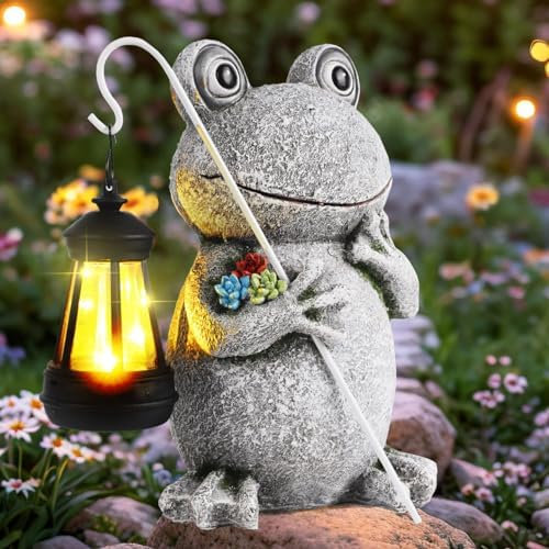 JJALIGHTS Solar Frosch Gartenfiguren mit Laterne – Wetterfeste Gartendeko für Draußen, Balkon und Terrasse – perfekte Geschenke für Frauen, Männer und Mama zum Geburtstag (23CM)