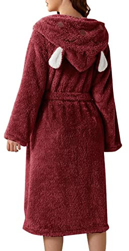 Fleece-Bademantel für Damen, warmer Morgenmantel für Damen, Flanell-Pyjama mit Taschen und Gürtel, Kapuzenmantel, einfarbig, Winter-Bademantel, Kapuze mit Ohren, Schlafmantel, Fleece-Robe, gemütlicher