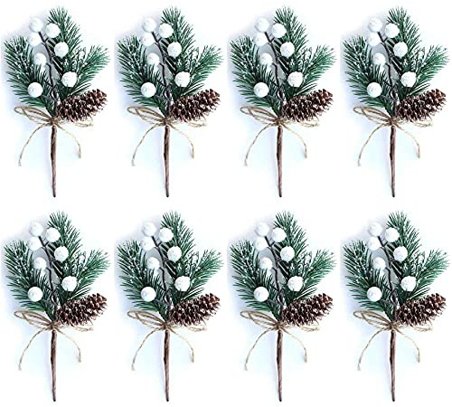 Runioney Bacche di Natale Bianca/Gambi di Bacche Rami di Pino e Pigne Artificiali/Spruzzo di Agrifoglio Bianca/Scelte di Ghirlande per La Decorazione