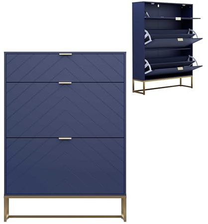 UEV Armario Inclinable para Zapatos 3 Puertas, Patrón de V-Líneas, Azul | 2 Compartimentos para Zapatos + 1 Estante Oculto, Zapatero Estable con Estante Ajustable en 2 Posiciones, 80x24x122cm