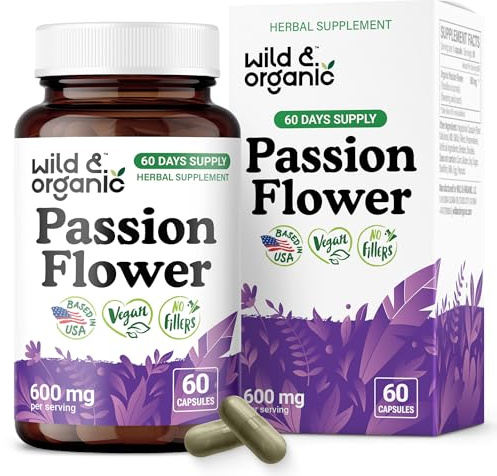 Wild & Organic Passion Flower Capsules 600 mg - Relaxation & Mood Support - Passionflower Extract Supplement - Passiflora Incarnata Herb - Vegan, No Fillers, Non-GMO - 60 Count