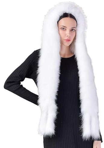 2 in 1 Damen Kunstpelz Kapuzenschal Neckwarmer Damen Kunstfellmütz Damen Fellmütze Kunstpelz Mütze Faux Fuchs Pelz Wintermütze Kuppel Mütze Pelzmütze Warme Trendy Plüsch Mütze Ohrenklappen