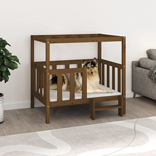 Hovothy Hundebett Bequeme Haustierbett Welpenbett aus Holz Schlafplatz für Hunde als Auch Katzen Geeignet Massives Kiefernholz Wasserabweisend und Langlebig Honigbraun 105,5x83,5x100 cm