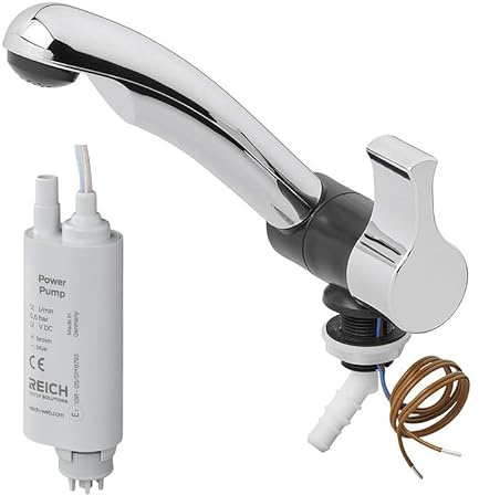 Kalt-Wasserhahn Style 2005 12V Ø20 mm – Schwenkbar, Chrom/Schwarz, für Wohnmobil & Caravan inkl. Tauchpumpe 0,5 bar