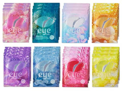 Shefave Meeres Augenmaske, 24 Paar- 8 Typen Eye Pads mit Natürlichen Meereskollagen, Glänzend Collagen Augenpads Hyaluron für Geschwollene Augen, Gegen Falten, Tränensäcke, Puffiness