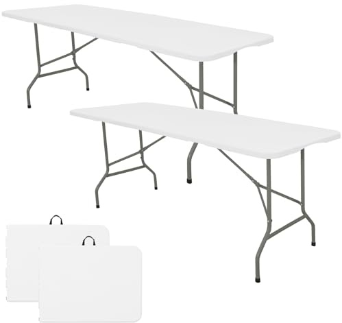 Set of 2 Folding Table 6 FT Lightweight Camping Table Portable Plastic Rectangular Outdoor Dining Table Steel Legs Fold-in-Half with Carrying Handle for Indoor,Picnic,Party,Wedding,Events(White)