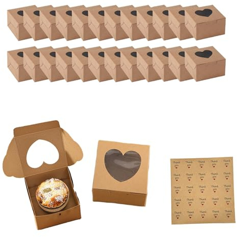 Aliangting 24 Pcs Brown Individual Cupcake Boxes for Valentine's Day, Single Cake Boxes with Heart Shape windows, Snack Boxes for Displaying and Carrying Cakes Biscuits Muffins
