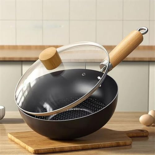 GLOBALHUT Versatile Iron Wok Frying Pan With Glass Lid, 3-in-1 Sauté Pan, Skillet & Mini Wok, Non-Stick Cookware For Stir-Frying Deep-Frying Braising(24CM)