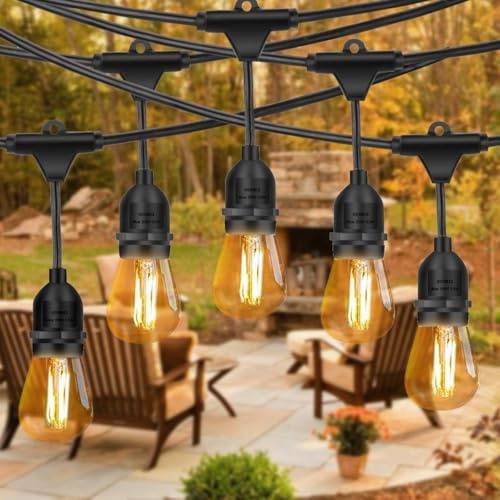 Outdoor Led String Lights 48Ft,Waterproof Connectable Patio String Lights,15 Hanging Sockets,15 Vintage Edison Bulbs,Commercial Grade Outdoor Lighting for Garden Christmas Wedding Party (48ft)