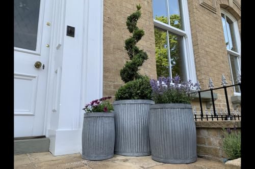 Galvanised Zinc Dolly Tub x1 - Sold Individually (Large), Tall Ribbed Metal Plant Pot x1, Grey Ribbed Planter Barrel Drum, Tree Pot